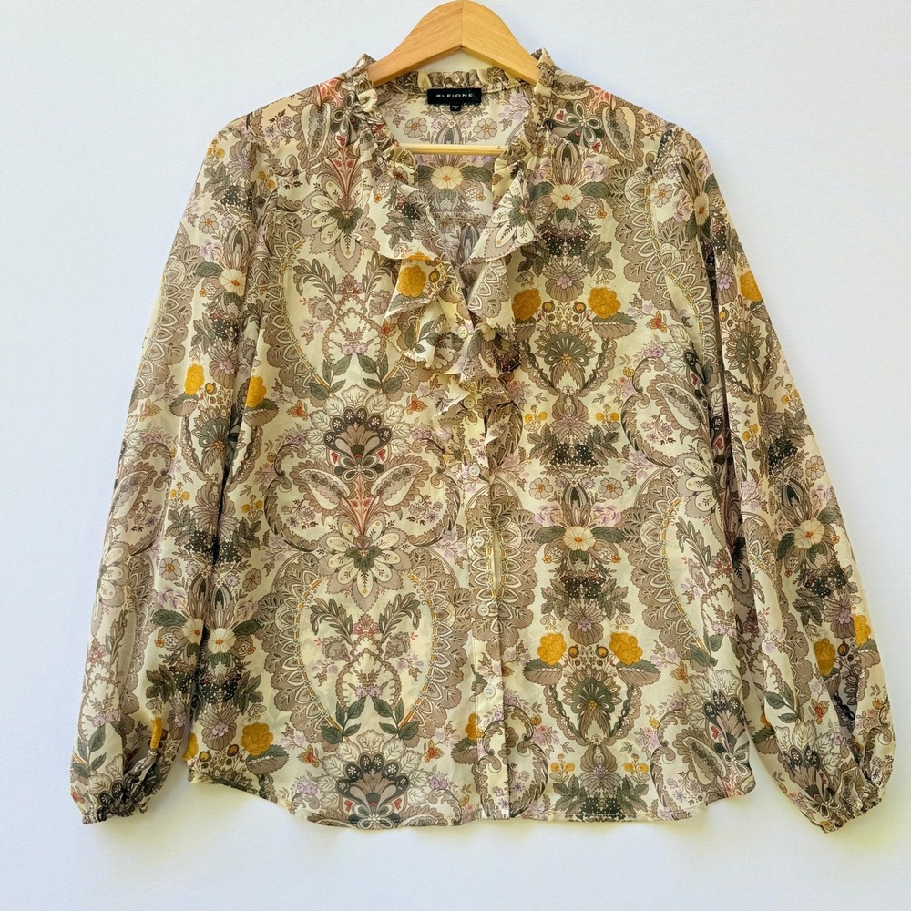 Pleione Paisley Womens Medium Floral‎ Ruffle Neck Long Sleeve Sheer Blouse Top - Picture 2 of 8